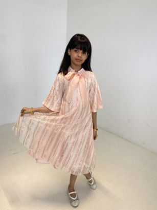 صورة فستان لحمي مع فينكه انيقه على الصدر وترتر على الفستان